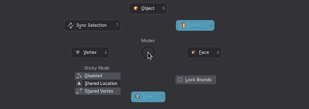 Blender 5 中 UV 编辑器的 Modes 饼状菜单孤岛模式